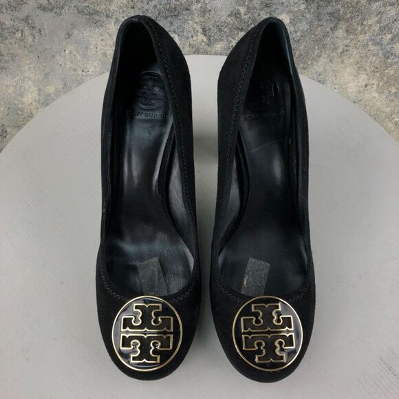 Tory Burch Women's Size 11M Maddie Black Suede Gold Tone Logo High Heel Pumps - Picture 3 of 16